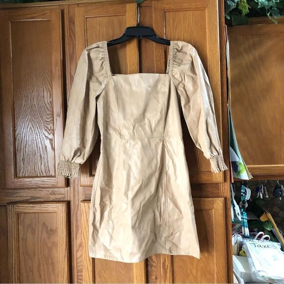 NWT 7 For All Mankind Square Neck Smocked Puff Sleeve Leather Mini Dress - M - Picture 1 of 13